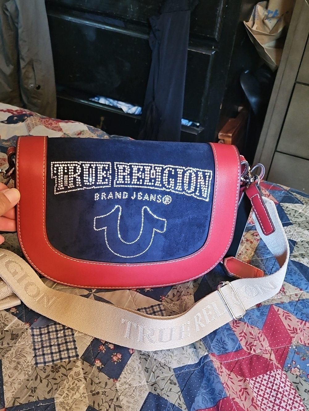True Religion Navy Suede and Red Leather Crossbody Bag